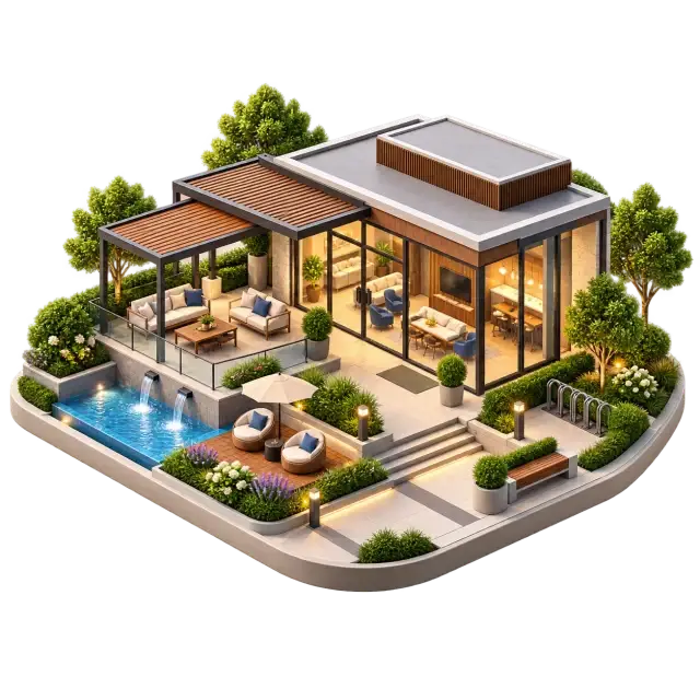 Urbanrise The Living Wave community clubhouse with gathering pavilion, outdoor seating and landscaped edges