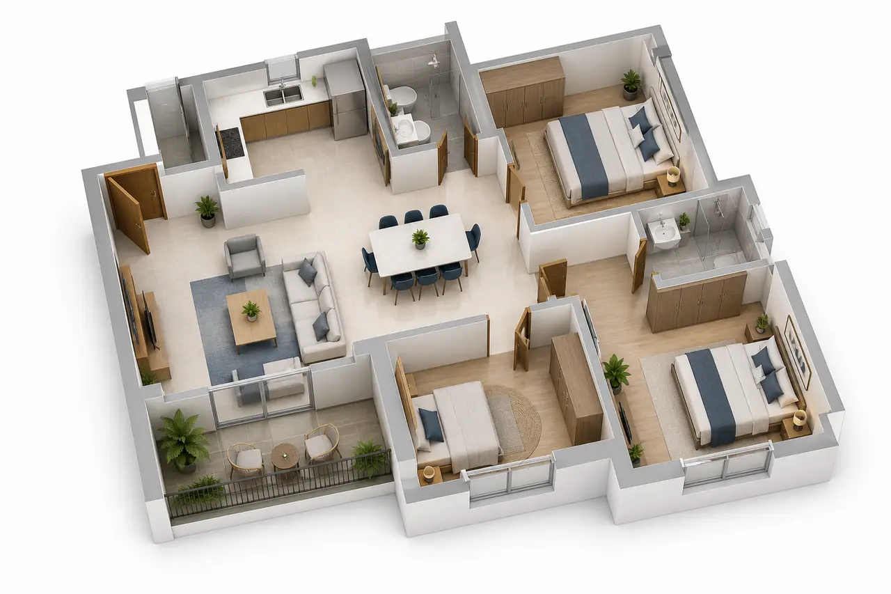 Conceptual three-bedroom apartment cutaway with two toilets, living-dining space, kitchen and balcony Conceptual three-bedroom apartment cutaway with two toilets, living-dining space, kitchen and balcony