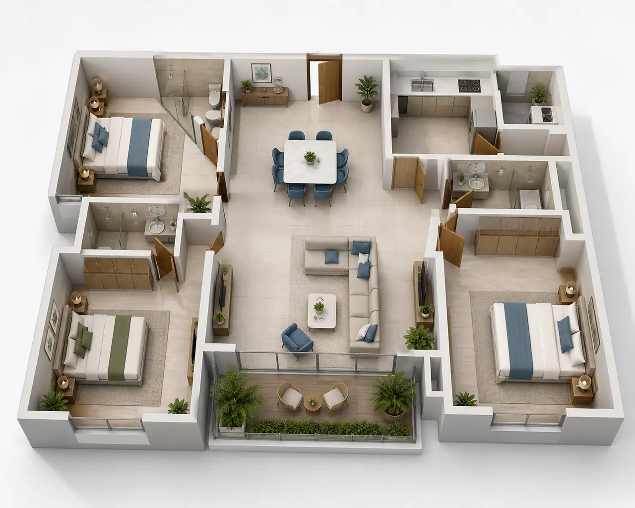 Conceptual three-bedroom apartment cutaway with three toilets, central living-dining space, kitchen and balcony Conceptual three-bedroom apartment cutaway with three toilets, central living-dining space, kitchen and balcony