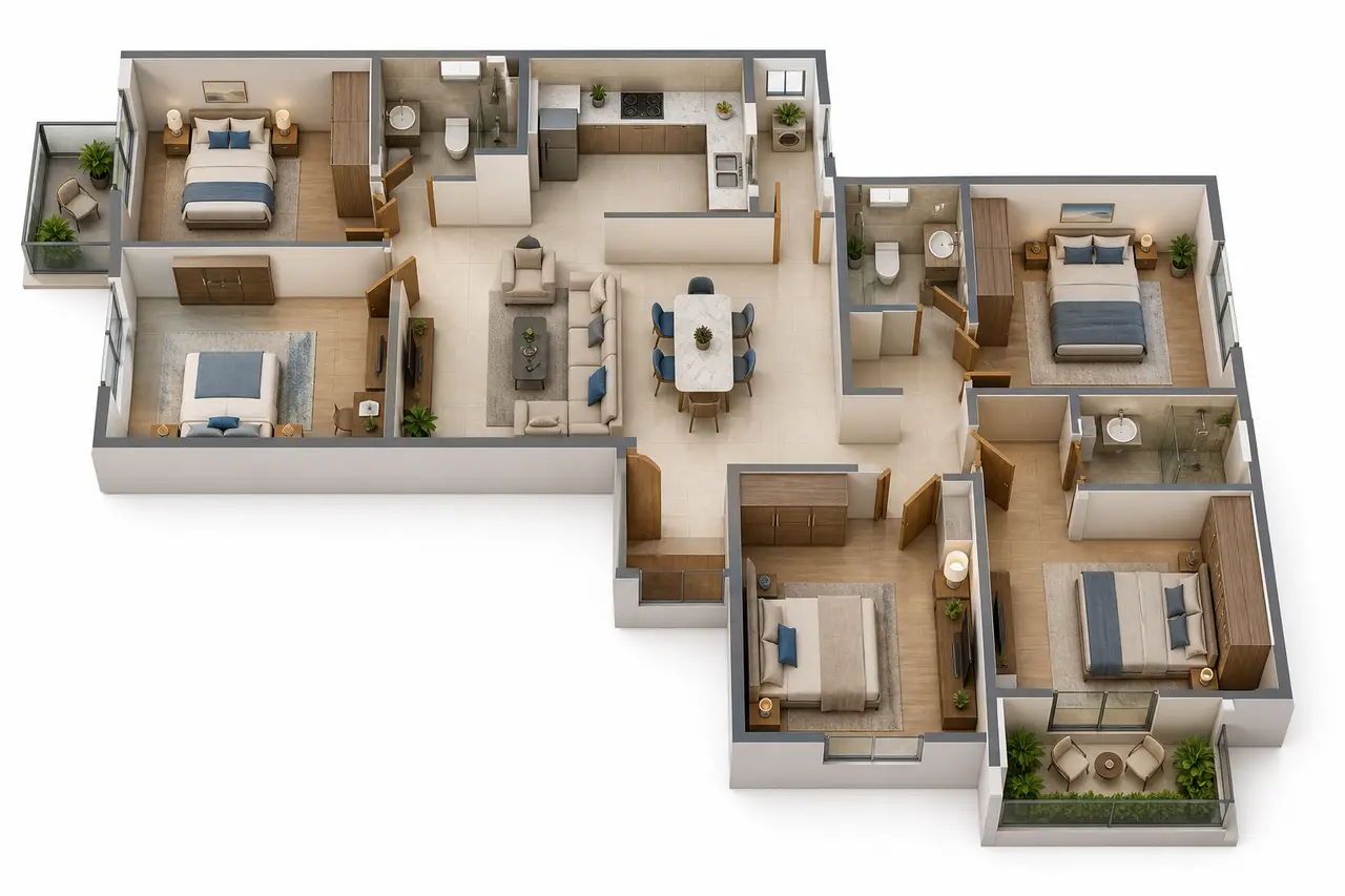 Conceptual four-bedroom apartment cutaway with three toilets, living-dining space, kitchen and two balconies Conceptual four-bedroom apartment cutaway with three toilets, living-dining space, kitchen and two balconies