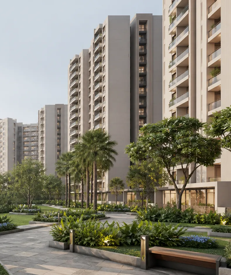 Urbanrise The Living Wave Towers of The Living Wave above landscaped gardens and walkways