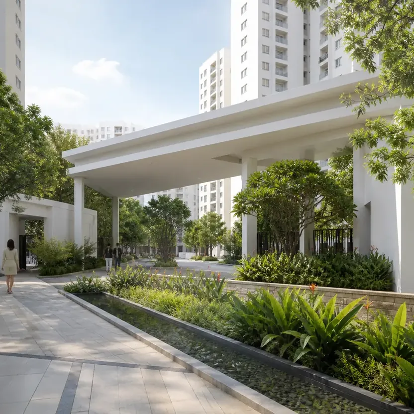 Urbanrise The Living Wave Arrival court with a canopy, a water channel and gardens at The Living Wave