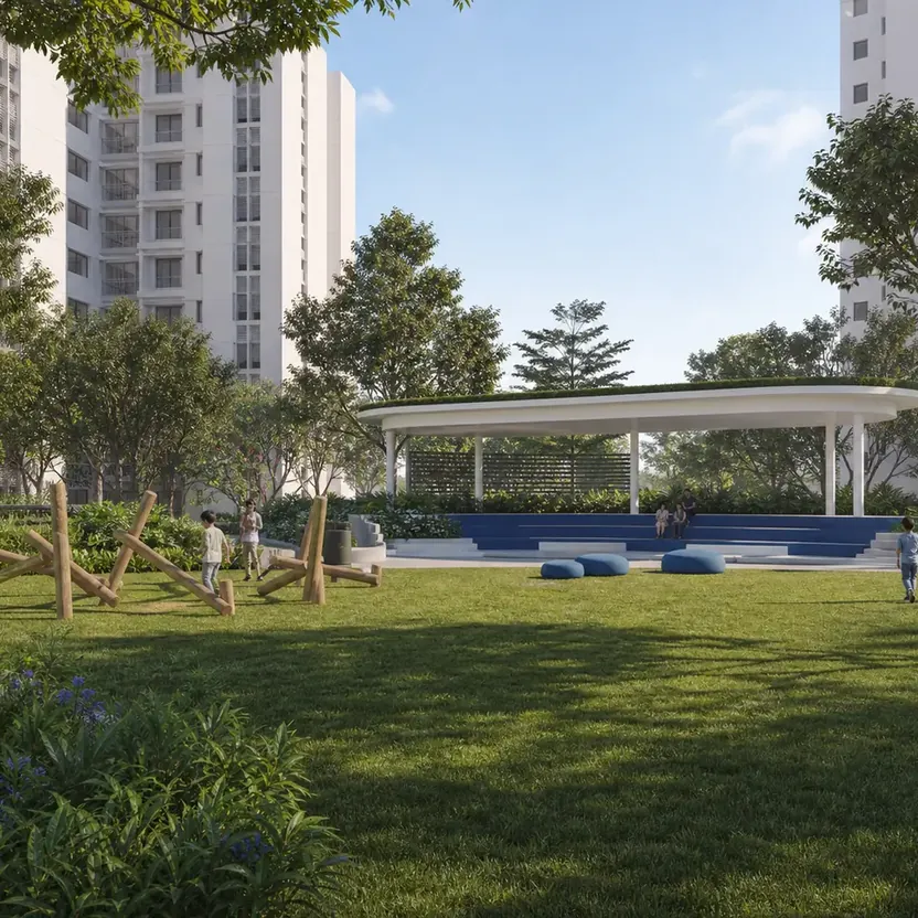 Urbanrise The Living Wave Family lawn with a play area and a garden pavilion