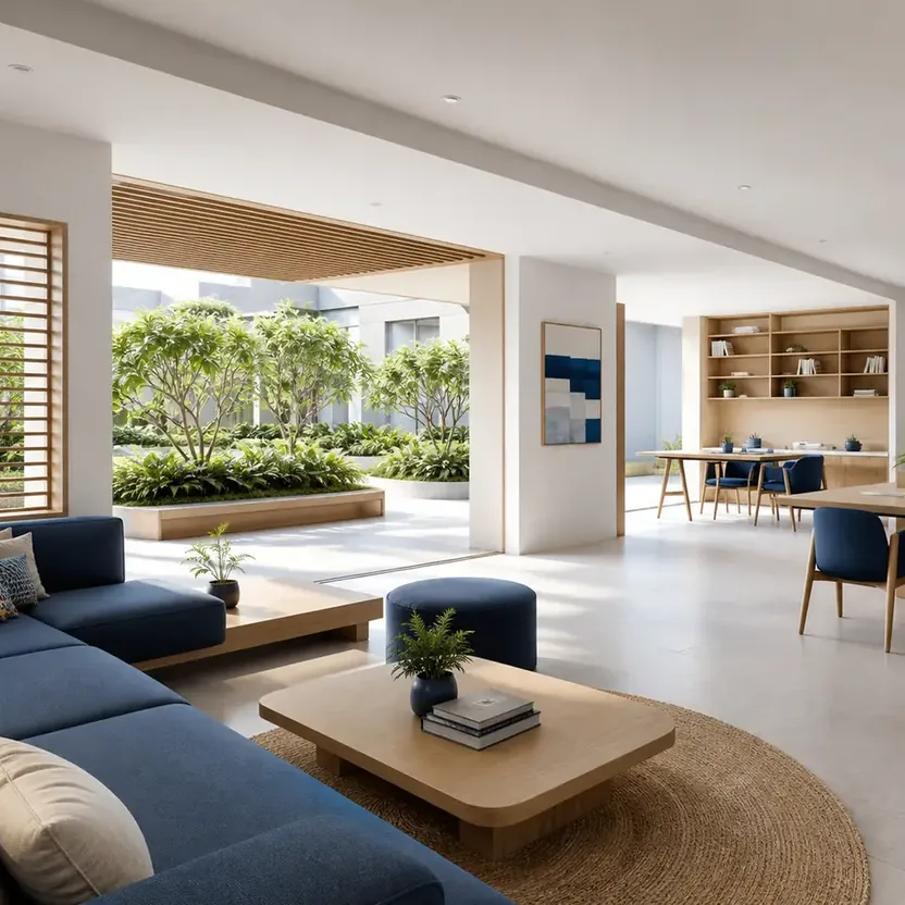 Urbanrise The Living Wave Clubhouse lounge with co-working desks opening onto the garden