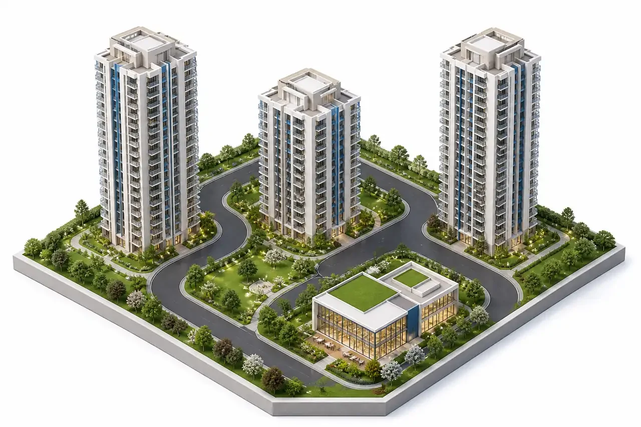 The Living Wave master plan Master plan of The Living Wave with three towers, the clubhouse and landscaped gardens