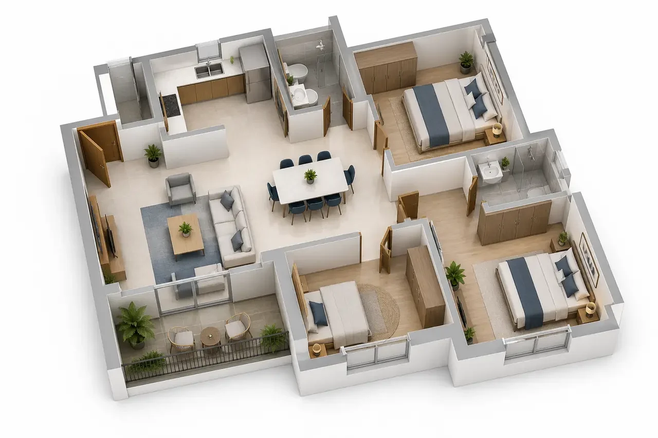 3 BHK with 2 toilets, indicative 3D layout with a living and dining room, a kitchen with utility, three bedrooms and a balcony
