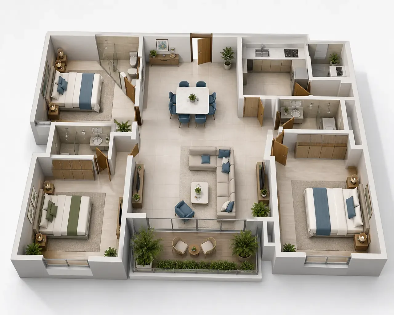 3 BHK with 3 toilets, indicative 3D layout with a central living and dining room, a kitchen with utility, three bedrooms with their own toilets and a balcony