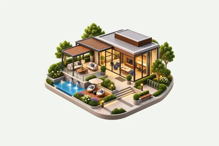 Illustration of the clubhouse lounge with a garden terrace