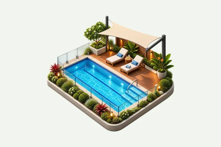 Illustration of the swimming pool and sun deck